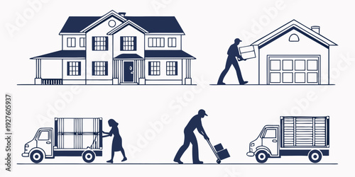 Illustration of a house, a moving truck, and a person carrying a box. Vector