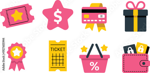 Shopping and reward icons collection with discount basket, gift box, credit cards, wallet, ticket and rating symbols, ecommerce vector illustration isolated on background