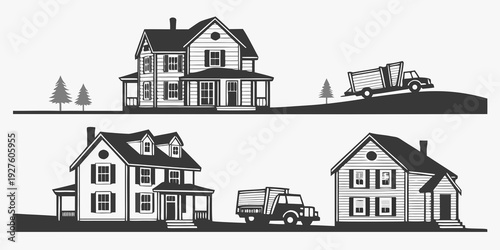 A charming suburban neighborhood with diverse house styles and vehicles Vector
