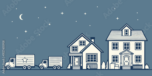 Illustration of a suburban neighborhood with houses and delivery trucks Vector