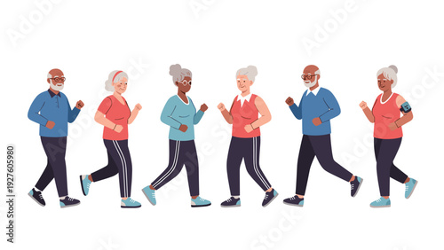 Active group of diverse senior men and women jogging together for exercise and healthy lifestyle in a flat character illustration.