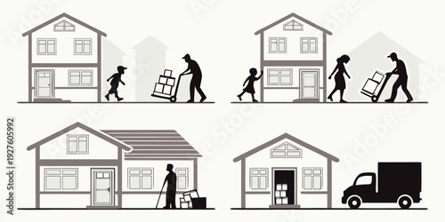 A series of illustrations depicting different types of home moving processes. Vector