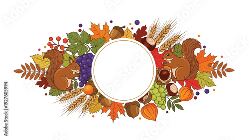 Decorative autumn frame design filled with squirrels grapes wheat acorns and colorful fallen leaves surrounding a central white circle.