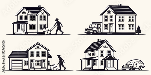 Four different styles of houses with unique architectural features and designs. Vector