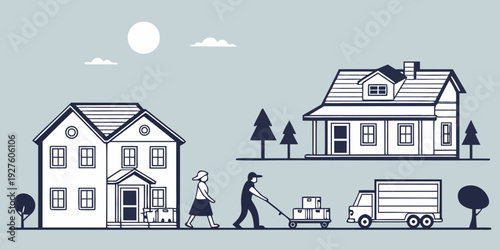 A serene suburban neighborhood with families enjoying their homes and surroundings. Vector