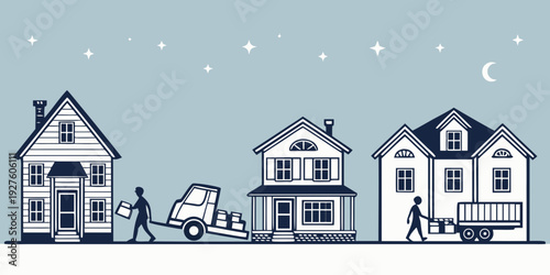 A serene suburban neighborhood at night with children playing outside Vector