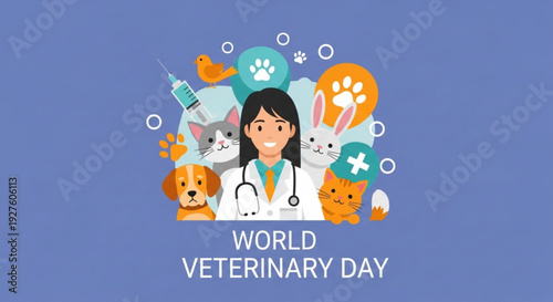 Veterinarian celebrating world veterinary day with animals and medical icons around her