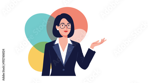 Professional woman wearing glasses and a dark suit gesturing with her hand while standing against a colorful abstract background.