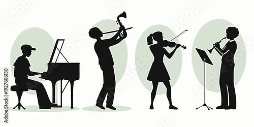 Musicians playing various instruments in a band setting Vector