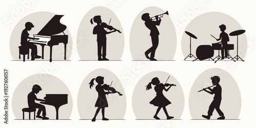 Diverse group of people engaged in various musical activities and instruments. Vector