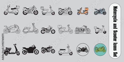 Motorcycle and scooter vector icon set. Delivery mopeds, sport bikes, and classic cruisers in outline, silhouette, and flat color design styles.