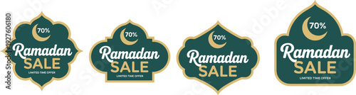 Ramadan sale badge collection with Islamic ornamental shapes crescent moon discount label 70 percent offer vector illustrations isolated on white background