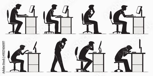 A series of illustrations depicting various stages of a person sitting at a desk Vector