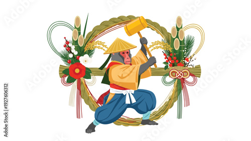 Japanese monkey dressed in traditional samurai attire holding a large golden mallet in front of a celebratory wreath background.