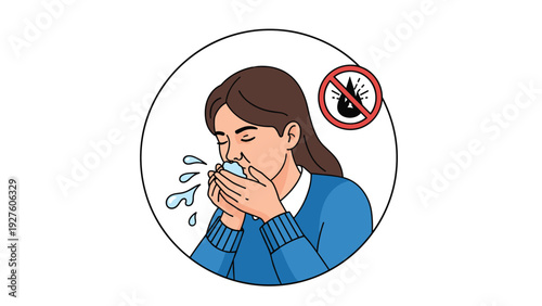 Educational illustration showing a woman coughing into her hands with a red prohibition sign indicating this is incorrect behavior.