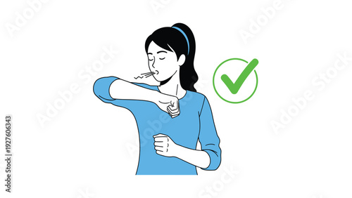 Woman sneezing into the crook of her elbow to prevent germ spread as shown by a large green checkmark symbol for hygiene.