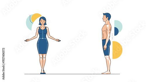 Anatomical diagrams of a man and a woman standing in profile to demonstrate proper spinal alignment and healthy body posture.