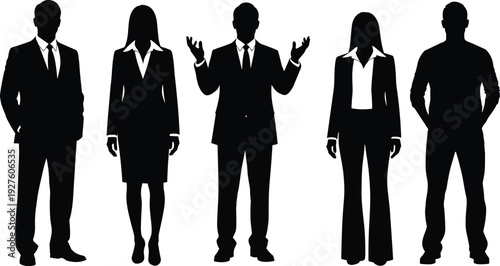Professional business people silhouettes in suits and blazers, men and women corporate group with gesturing poses, black vector fashion illustration set