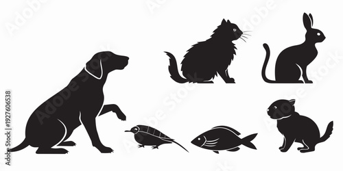 A diverse collection of animals including a dog, cat, rabbit, and fish. Vector