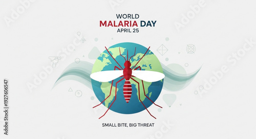 World malaria day poster with mosquito on globe april 25 small bite big threat