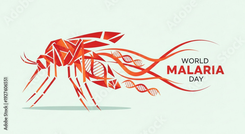 World malaria day awareness graphic with mosquito and dna strands on light green background
