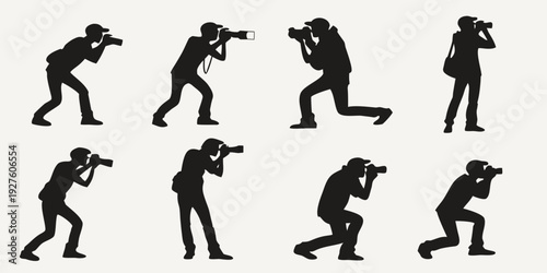 Various silhouettes of people in different shooting positions with rifles. Vector