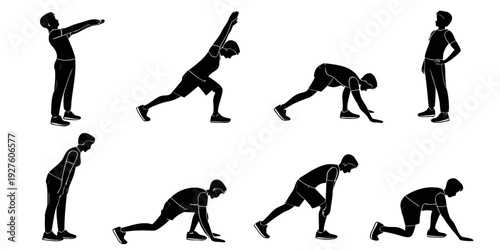 A series of silhouettes demonstrating various stages of a push-up exercise Vector