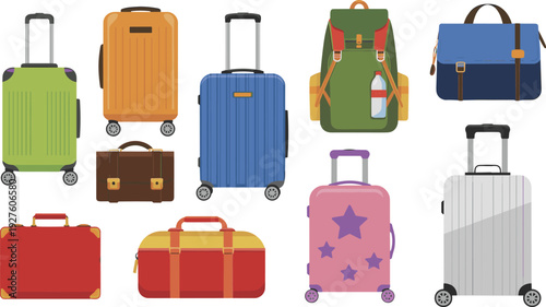 Travel luggage vector set with suitcases backpacks and travel bags, colorful baggage illustration collection for tourism, vacation, journey planning, and transportation design projects