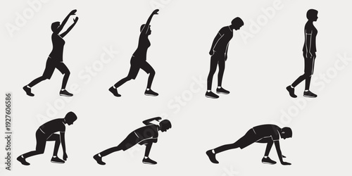 Illustration of a person demonstrating various stretching exercises and poses. Vector