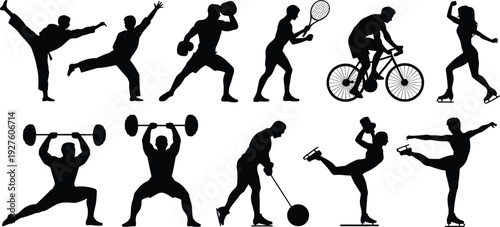 Black Silhouettes of People Doing Various Sports and Fitness Activities Including Martial Arts Cycling Weightlifting Tennis and Figure Skating Icons Set