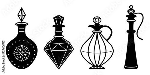 A collection of ornate perfume bottles and decanters in various shapes and designs. Vector