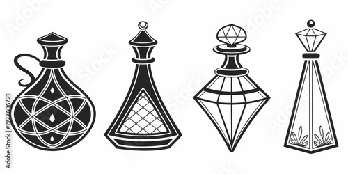A collection of ornate and decorative glass vases and bottles showcasing intricate designs Vector
