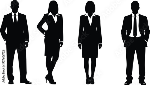Professional business team silhouettes, men and women in suits blazers ties skirts, confident poses, black faceless full body figures vector illustration.