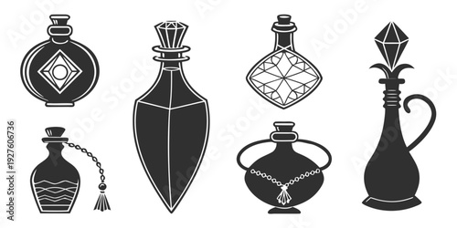 A collection of ornate perfume bottles and vials in various shapes and designs Vector