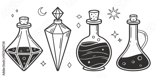 An illustration of five different potion bottles with unique shapes and designs. Vector