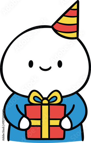 Cartoon character happily holding a gift box and wearing a party hat in a celebratory scene