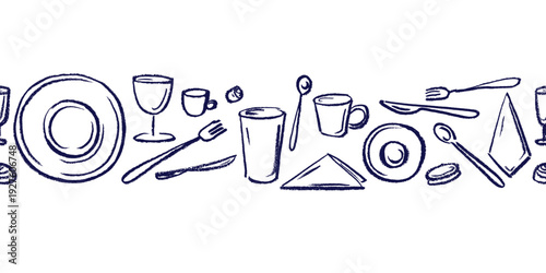 Hand drawn plate and cutlery doodle repeat pattern Fork, knife, spoon