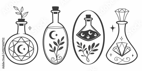 Illustration of various glass containers used in alchemy and early scientific experiments. Vector