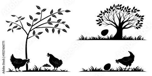 A serene farm scene with two trees, two birds, and two pigs in a peaceful setting Vector