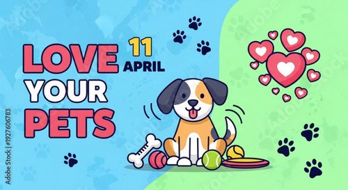 Cute dog with toys and hearts on blue green background love your pets april 11