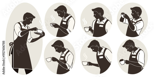A series of black and white illustrations depicting various activities and professions. Vector