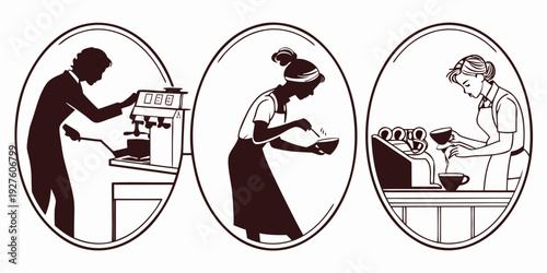 A series of illustrations depicting various activities related to cooking and food preparation. Vector