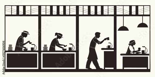 A bustling coffee shop with customers and baristas in action. Vector