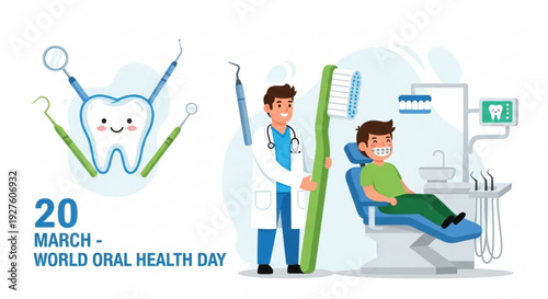 Dentist and patient celebrating world oral health day on march 20th with toothbrush and tools