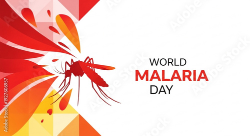 World malaria day awareness poster with mosquito and blood drops on geometric background