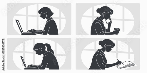 Four individuals engaged in various computer-related activities in a professional setting Vector