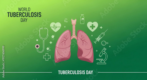 World tuberculosis day poster with lungs and medical icons on green background