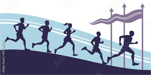 Group of runners participating in a race towards a finish line Vector