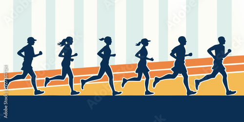 A group of people running on a track with determination and focus. Vector
