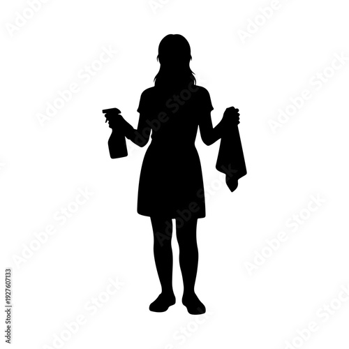 Silhouette of a woman holding cleaning supplies.